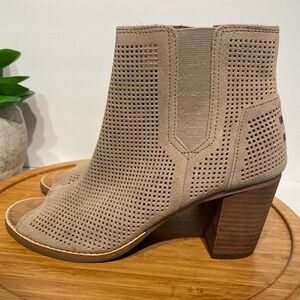 TOMS Taupe Suede Western Peep Toe Ankle Boot 8.5 Boho Chic Perforated Block Heel